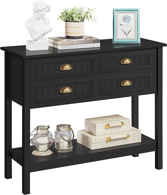 Yaheetech Console Table with 4 Drawers, Sofa Side Table with Bottom Open Storage Shelf, Heavy-Duty Entryway Table for Hallway/Living Room, 39.5x14x32 inch, Black