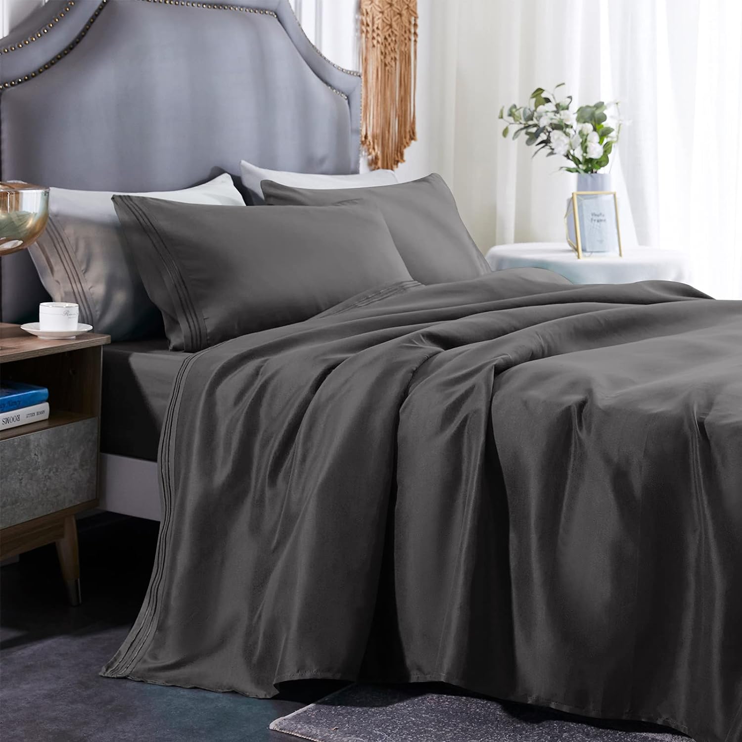 Three Geese Bed Sheet Set-1800 Series Soft Brushed Microfiber Fabric -Easy Care-16 inches Deep Pocket Wrinkle, Fade, Stain Resistant - 4 Piece Bedding Sets (California King, Black)