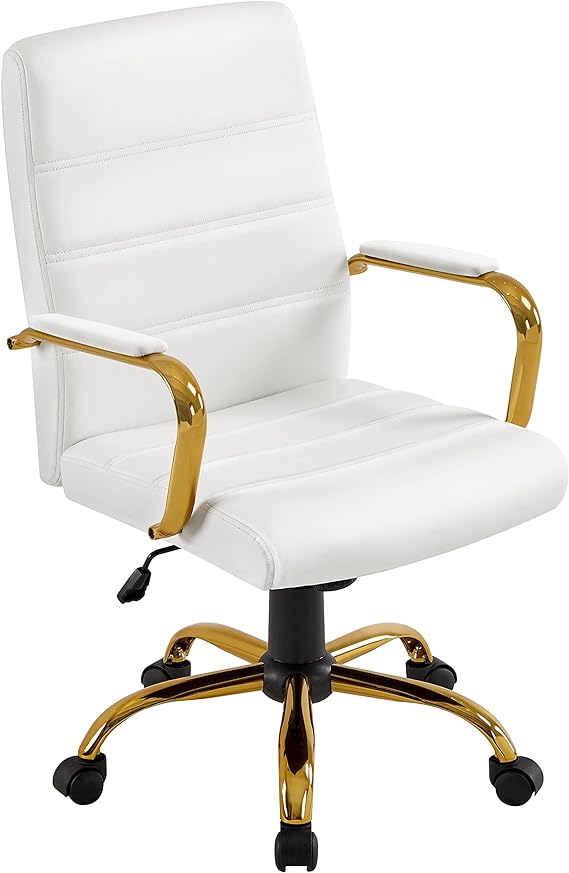 Yaheetech Mid-Back Office Chair PU Leather Desk Chair Adjustable Executive Task Chair w/Lumber Support Gold Leg White Seat