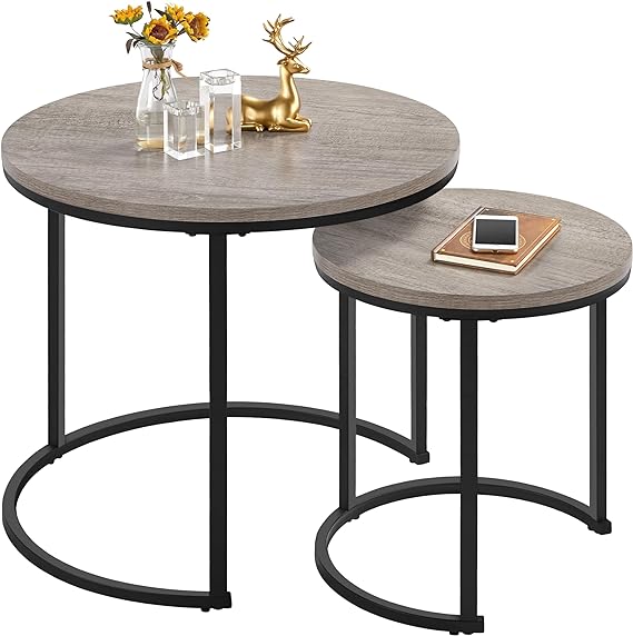 Yaheetech Nesting Coffee Table Set of 2, Nesting Table, Rustic Stacking Side Tables, Nesting End Table Set w/Round Wooden Tabletop and Sturdy Metal Base for Living Room,Small Space, Gray