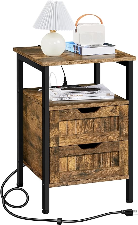 Yaheetech Nightstand with Charging Station, Bedside Table with USB Ports and Power Outlets, Bedside Cupboard with 2 Drawers and Open Shelf for Bedroom/Small Space, Rustic Brown