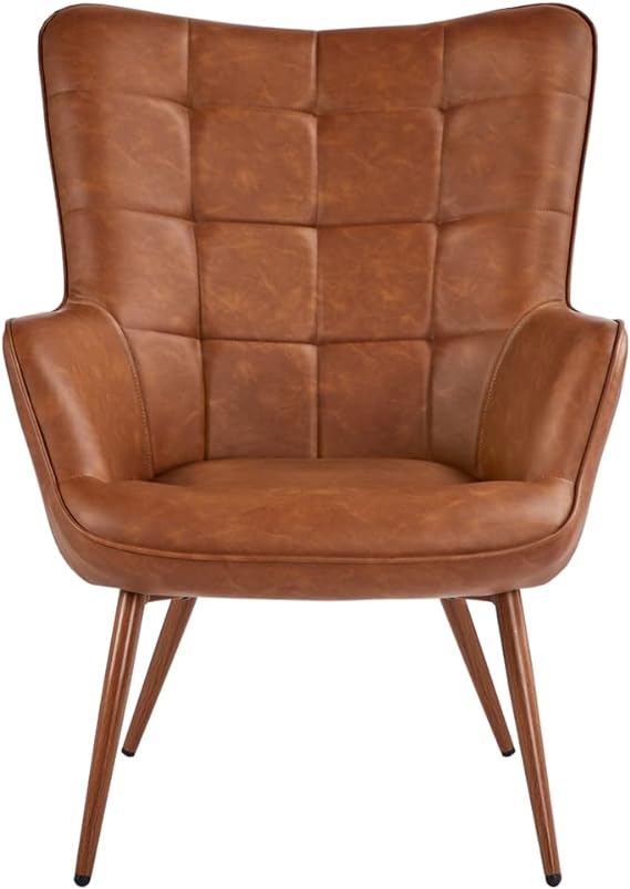 Yaheetech PU Leather Armchair, Modern Accent Chair Strong Structure, Vintage MidCentury High Back Sofa Chairs with Oversized Padded and Solid Metal Legs for Living Room/Bedroom/Office, Brown