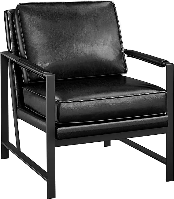 Yaheetech PU Leather Armchair, Retro Leisure Accent Chair with Extra Soft Padded and Cushion, Modern Reading Arm Chair with Black Metal Frame for Living Room/Office/Bedroom/Study Black