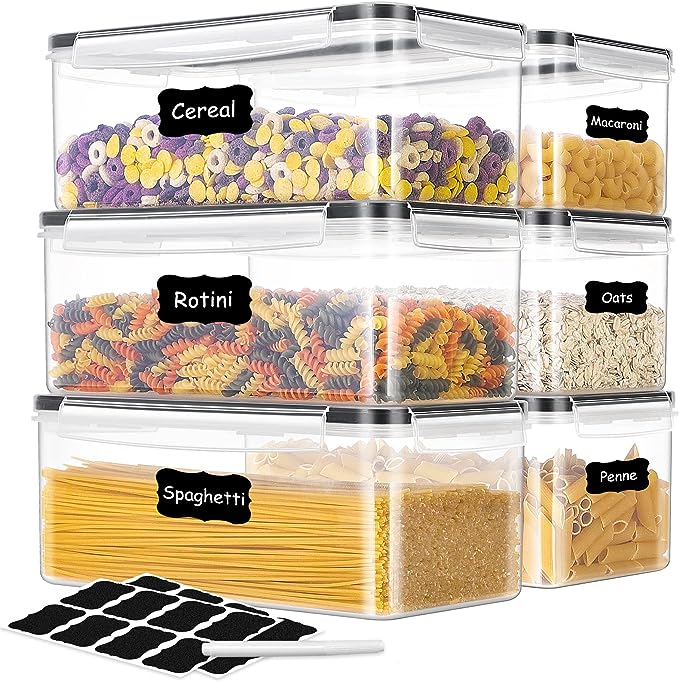 ME.FAN 6 Set 3.2L Food Storage Containers, Spaghetti Containers Airtight Horizontal Storage/Pasta Containers Kitchen Pantry Organization Canisters with 24 labels & Pen - Black