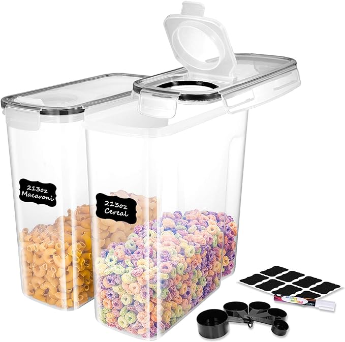 ME.FAN Cereal Storage Containers [2 Set] 6.3L(213oz) Airtight Food Storage Containers - Large Kitchen Storage Keeper with 24 Chalkboard Labels & Pen - Easy Pouring Lid (Black)