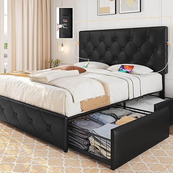 Yaheetech Queen Size Upholstered Bed Frame with 2 USB Charging Stations/Ports for Type A & Type C/4 Storage Drawers/Adjustable Headboard, Faux Leather Platform Bed with Strong Wooden Slats, Black