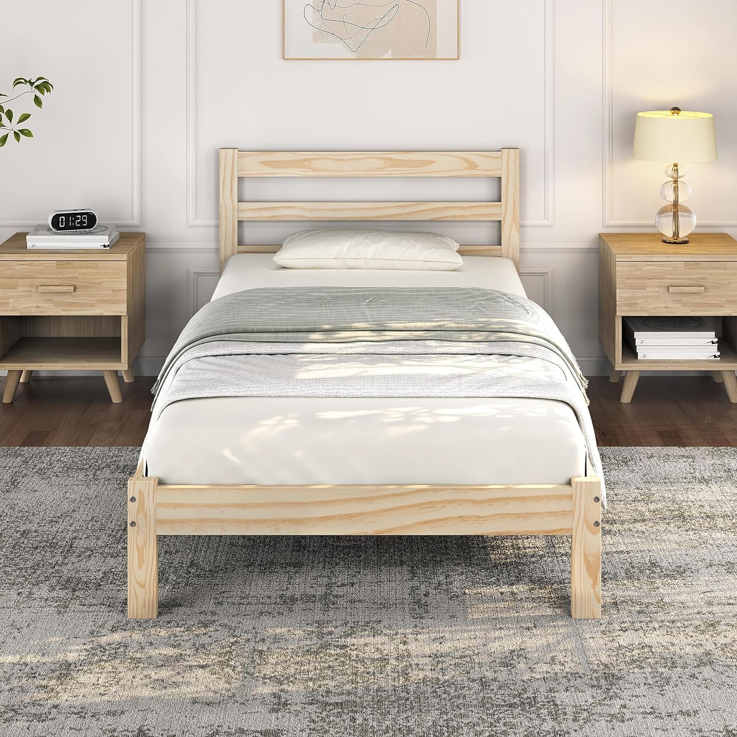 Yaheetech Twin Bed Frames Solid Pine Wood Platform Bed with Paneled Headboard, Wicklow Style/Wooden Slats Support/Noise-Free/7.5 Space Underneath/No Box Spring Needed/Easy Assembly, Wood Twin Bed