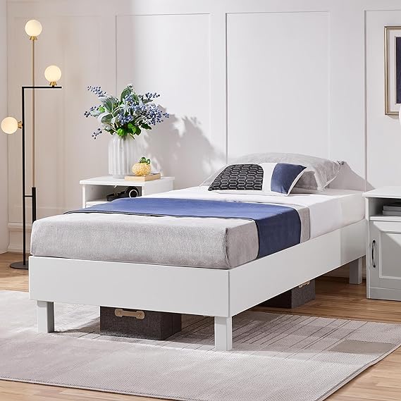 Yaheetech Twin Bed Frames Scandinavian Natural Pine Wood Platform Bed, Detachable Wooden Slats for Easy Assembly/6.2 Clearance Space/Noise-Free/No Box Spring Needed, White Twin Bed