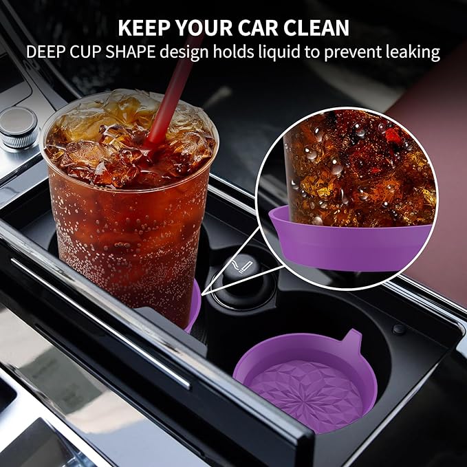 ME.FAN Car Cup Coasters [4 Pack] Silicone Car Coasters/Automotive Cup Mats - Universal Non-Slip Recessed Car Interior Accessories - Car Cup Holder Insert Coasters Deep Purple