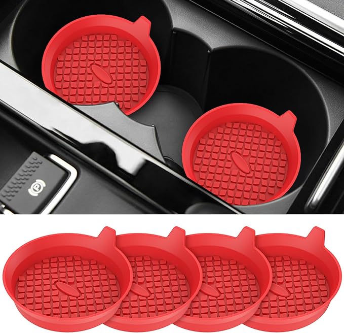 ME.FAN Car Coasters [4 Pack] Silicone Car Cup Coasters/Cup Mats - Universal Non-Slip Recessed Car Interior Accessories - Car Cup Holder Insert Coasters Red
