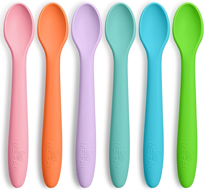 ME.FAN Silicone Baby Spoons - 6 Pack Feeding Spoons for First Stage Baby & Infant, Toddlers Spoons, Chew Spoons Set - Baby Utensils Soft Training Spoons - Bright Color