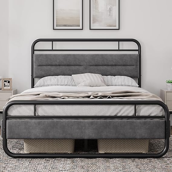 Yaheetech Queen Bed Frame Heavy Duty Metal Bed with Curved Upholstered Headboard, 8.7 Inch Under-Bed Storage/Steel Slats Support/Noise Free/No Box Spring Needed/Easy Assembly/Dark Grey Queen Bed