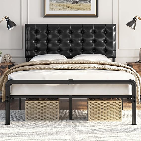 Yaheetech Full Size Metal Platform Bed Frame, Faux Upholstered Bed with Height-Adjustable Headboard /12'' Underbed Storage Space/Heavy Duty Steel Slat Support/Industrial Pipe Foot End, Elegant Black