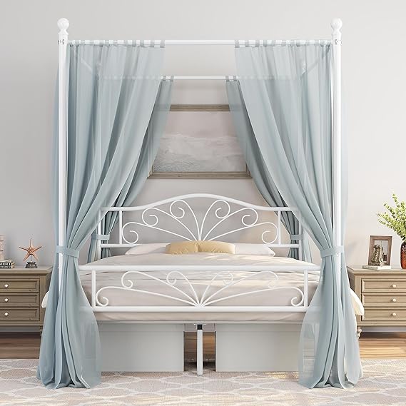 Yaheetech Queen Canopy Bed Frames Graceful Scroll Metal Canopy Bed/Four-Poster Canopied Platform Bed with Arched Headboard/Solid Slats/Underbed Storage Space/No Box Sring Needed/Ball Finals, White