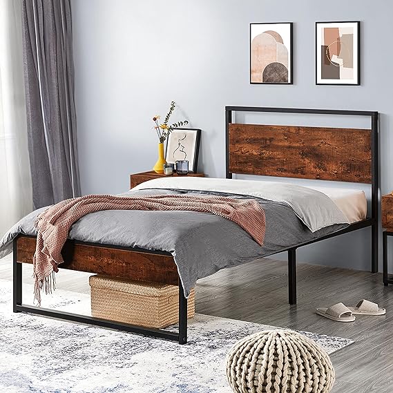 Yaheetech Twin Metal Platform Bed Frame with Rustic Wooden Headboard and Footboard, Single Country Bed for Boys& Girls, No Box Spring Needed/12 Inch Underbed Storage/No Noise/Easy Assembly, Mahogany