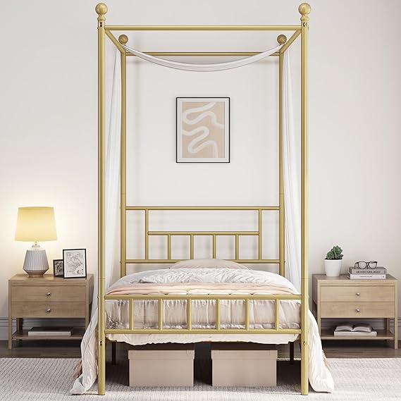 Yaheetech Metal Canopy Bed Frames Four-Poster Canopied Platform Bed with Headboard and Footboard Sturdy Slatted Structure Ground Clearance: 11.2/Antique Gold/Twin Size Canopy Bed