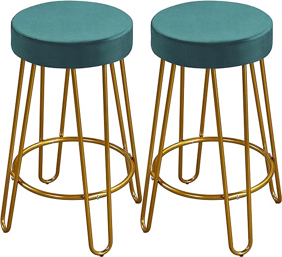 Yaheetech Round Kitchen Counter Stool Home Bar Height Stools with Golden Hairpin Legs Upholstered Velvet Seat for Kitchen/Dining Room Peacock Blue, Set of 2 (Package 1)