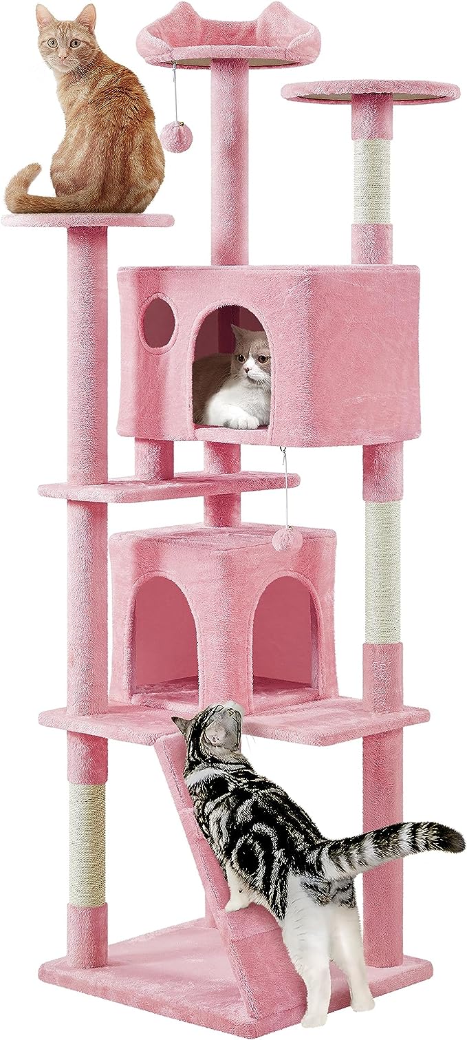 Yaheetech XL Cat Tree, 80in Multi-Level Cat Tower w/Cat Scratching Posts, Double Cat Condo, Perched Platforms and Dangling Balls, Cat Activity Center for Kittens Pets, Pink