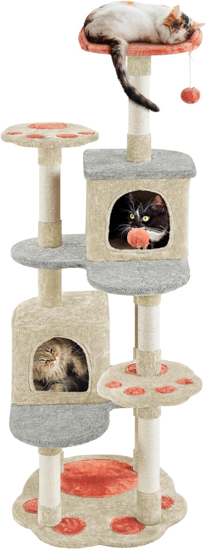 Yaheetech 65in Cute Cat Tree, Cat Paw-Shaped Play Tower with Heart-Shaped Platform, Spring Ball & Hanging Ball, Double Condos, Scratching Posts, Cat Climbing Frame Bed Furniture for Indoor Cats