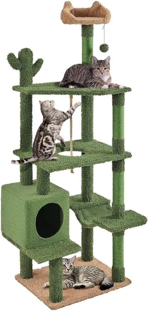 Yaheetech Cactus Cat Tree, 70.5in Cat Tower for Indoor Cats, Multi-Level Cat Condo with Scratching Posts, Cat Climbing Tower Play House Furniture w/Hanging Ball, Perch, Platform, Green/Brown