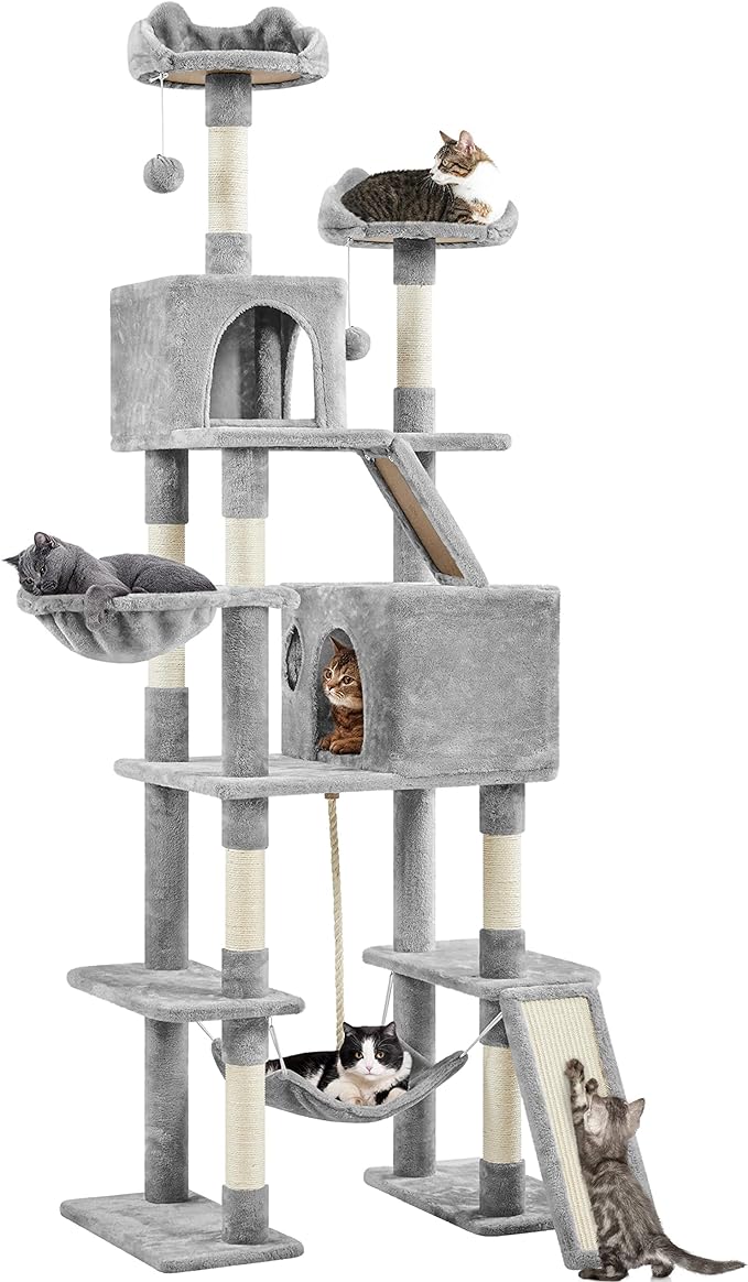 Yaheetech 82.5in Large Cat Tree, Multi Level Cat Tower w/ 2 Cozy Condos, 2 Cat-Ear Perches, Scratching Posts, Hammock, Basket, Cat Furniture for Indoor Cats, Kittens, Light Gray