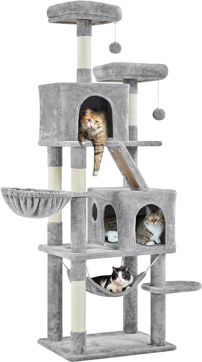 Yaheetech Tall Cat Tree, 71.5in Multi-Level Cat Tower w/ 2 Spacious Condos, 2 Padded Perches, 2 Dangling Balls, Scratching Posts and Hammock, Light Gray