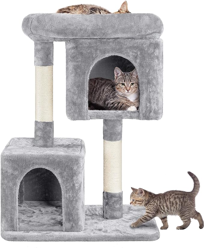 Yaheetech 33.5in Cat Tree Tower for Indoor Cats w/2 Cozy Plush Condos, Oversized Perch & Sisal Scratching Posts, Stable Cat Stand House for Large Cats & Pets, Light Gray