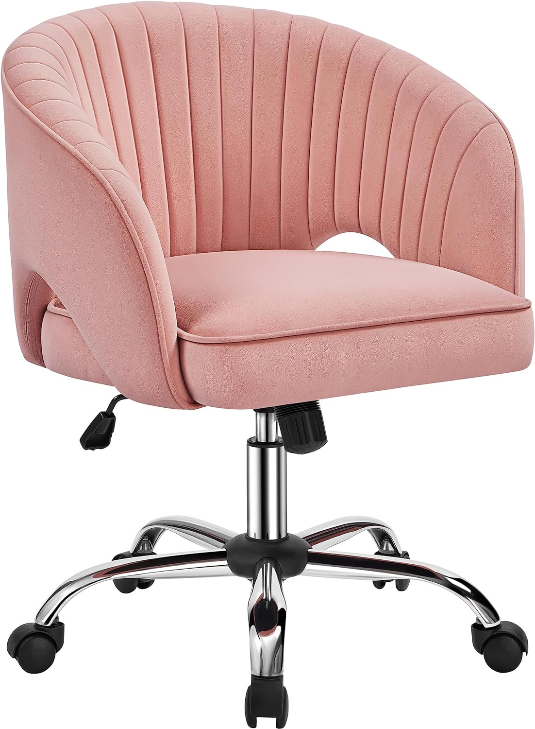 Yaheetech Home Office Chair Velvet Desk Chair, Upholstered Modern Swivel Chair with Tufted Barrel Back, Rolling Wheels for Office, Study, Vanity, Bedroom Pink