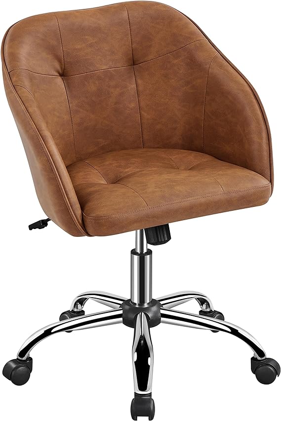 Yaheetech Faux Leather Desk Chair, Makeup Vanity Chair with Adjustable Tilt Angle, Swivel Office Chair Upholstered Armchair Study Chair for Bedroom and Makeup Room Retro Brown