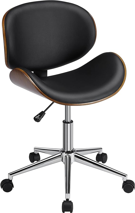 Yaheetech Ergonomic Home Office Desk Chair Modern Mid-Century Bentwood/Curved Seat Computer Chair Walnut Wood Chrome Finish Stool with 360 Swivel Wheels Faux Leather Seat Height Adjustable, Black