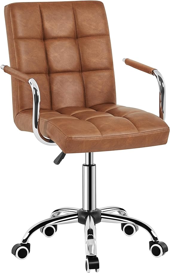 Yaheetech PU Leather Office Desk Chair Mid Back Height Adjustable Chair Comfortable Computer Swivel Chair w/Armrests, Retro Brown