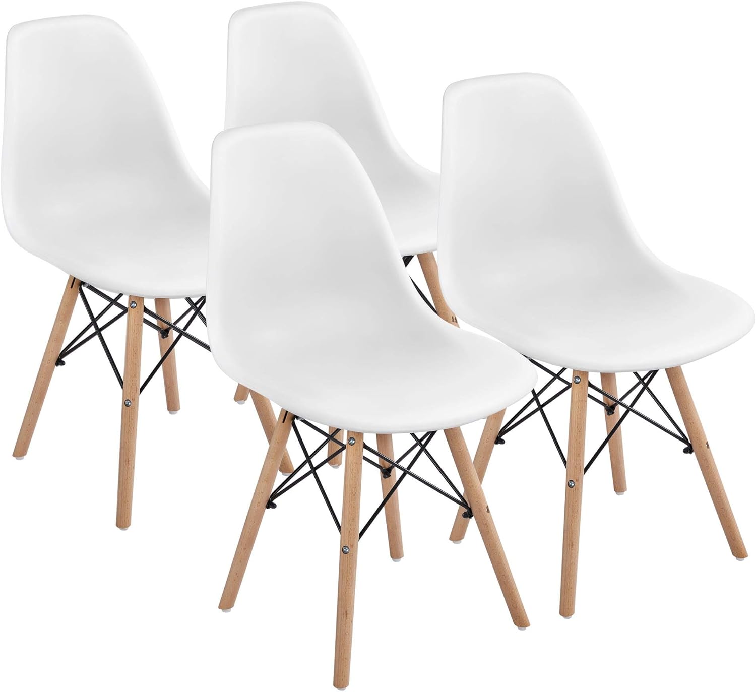 Yaheetech Dining Chairs Modern Side Shell Eiffel DSW Chairs with Beech Wood Legs and Metal Wires for Dining Room Living Room Bedroom Kitchen Lounge Reception, Set of 4, White