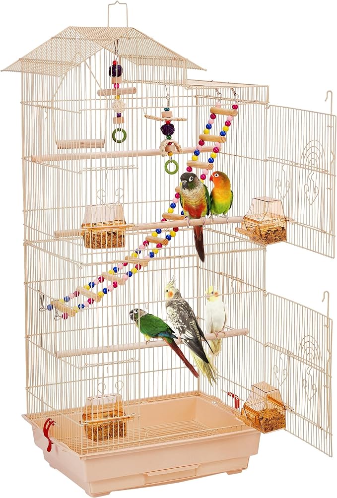 Yaheetech 39'' Large Roof Top Bird Cage Metal Parrot Cage Lovebird Huge House Birdcage w/Toys & Swing & Ladder for Small Birds Canary Budgie Cockatiel