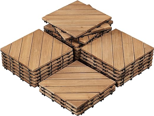 Yaheetech 27PCS Wooden Flooring Patio Deck Tiles Interlocking Tiles Patio Solid Wood and Plastic Indoor&Outdoor 12 x 12in, Natural Wood-diagonal