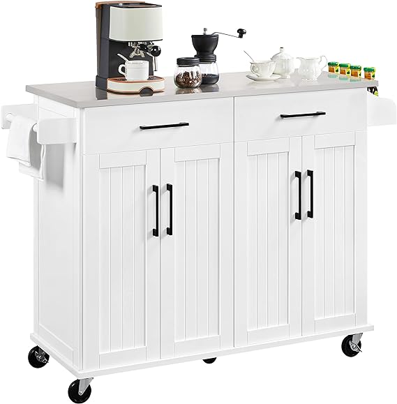 Yaheetech Kitchen Cart with Stainless Steel Countertop and 2 Drawers, 50.5 Width Rolling Kitchen Island on Wheels with Storage Cabinet & Inner Adjustable Shelves, Island Table with Spice Rack, White