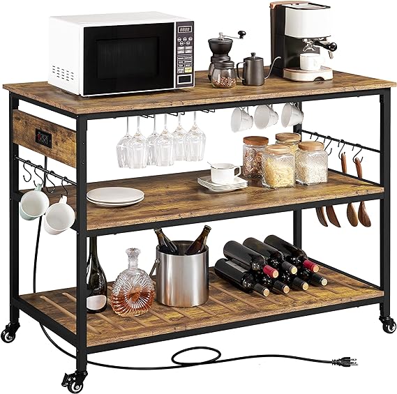 Yaheetech Kitchen Island on Wheels with Storage Drawer, 3-Tier Rolling Kitchen Cart with Towel Rack & Lockable Wheels for Dining Room, 40 x 20 x 36 inches, Rustic Brown