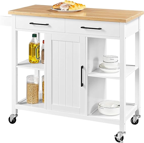 Yaheetech Kitchen Sideboard with 2 Drawers and Storage Cabinet, Buffet Cart with Bamboo Countertop & Open Shelves & Towel Bar for Dining Room, 36 H, White