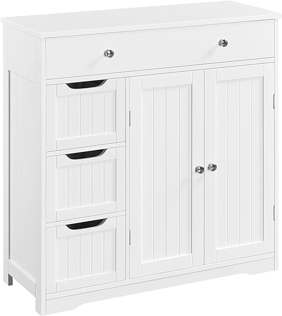 Yaheetech Bathroom Floor Cabinet, Large Storage Space Wooden Organizer with 1 Big Drawer, 3 Small Drawers & 2 Doors, Free-Standing Cupboard for Kitchen/Living Room/Bathroom Use, White