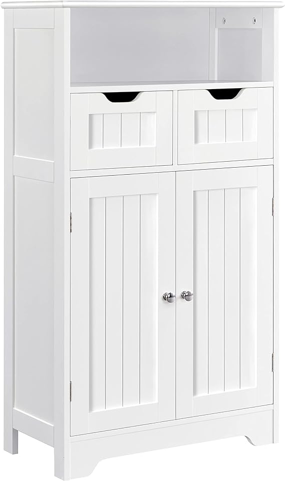 Yaheetech Bathroom Storage Cabinet with 2 Drawers & Adjustable Shelf, 2 Doors Bathroom Floor Cabinet, Wooden Cupboard for Living Room, Hallway, White