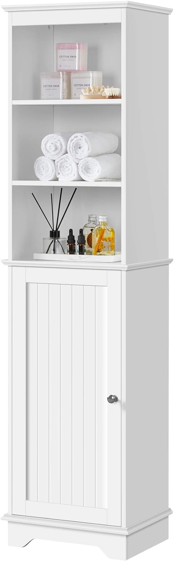 Yaheetech Bathroom Cabinet, Storage Cabinet with 3 Open Shelves & Single Door, Floor Freestanding Tall Linen Cabinet, Narrow Corner Organizer for Bathroom, Living Room, White