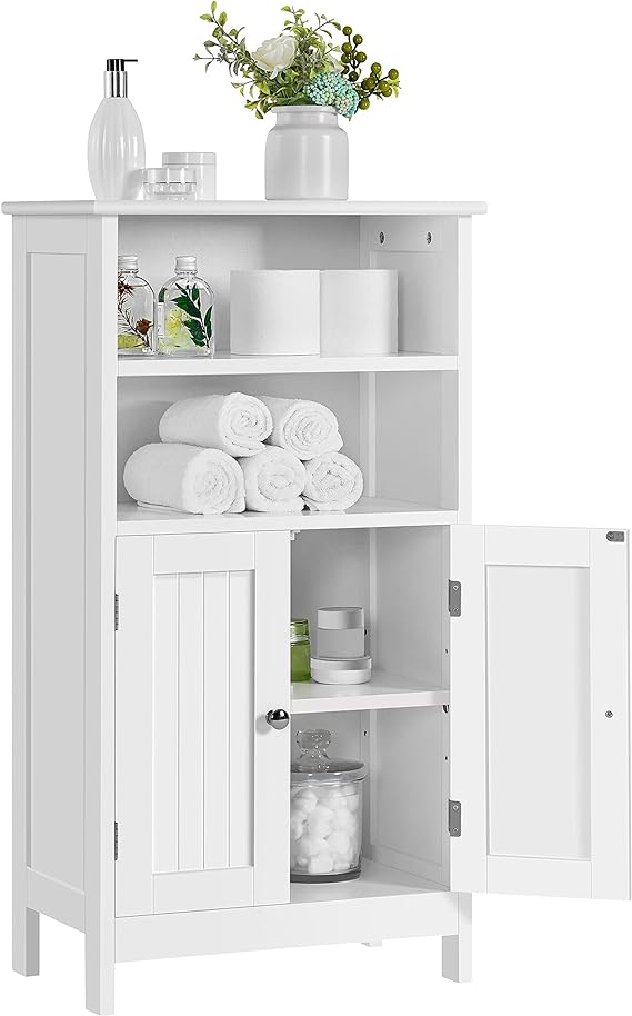 Yaheetech Bathroom Floor Cabinet, Free Standing Cabinet with Double Door and Adjustable Shelves, Side Tall Storage Organizer for Living Room/Kitchen/Hallway/Home Office, White