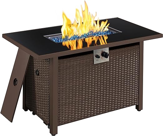 Yaheetech 43 in Propane Fire Pit 50,000 BTU Outdoor Gas Fire Pit Table with Tempered Glass Tabletop and Rattan Wicker Base, Rectangle Fire Table for Patio Deck Party Gathering w/Rain Cover, Brown