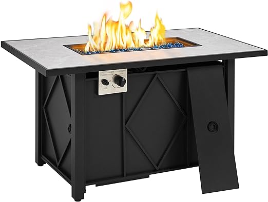 Yaheetech 43 inch Outdoor Propane Gas Fire Pit Table 50,000 BTU Auto-Ignition 2 in 1 Gas Firepit with Ceramic Tabletop, Steel Base, Glass Fire Stones and Water-Resistant Cover, CSA Certification