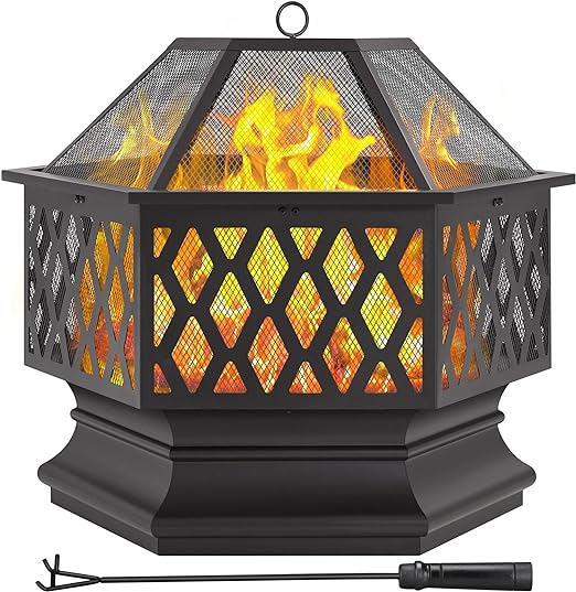 Yaheetech 26in Fire Pits for Outside Hex Shaped Fire Pit Wood Fire Pit Outdoor Fireplace for Bonfire Patio Picnic BBQ, with Spark Cover, Fire Poker