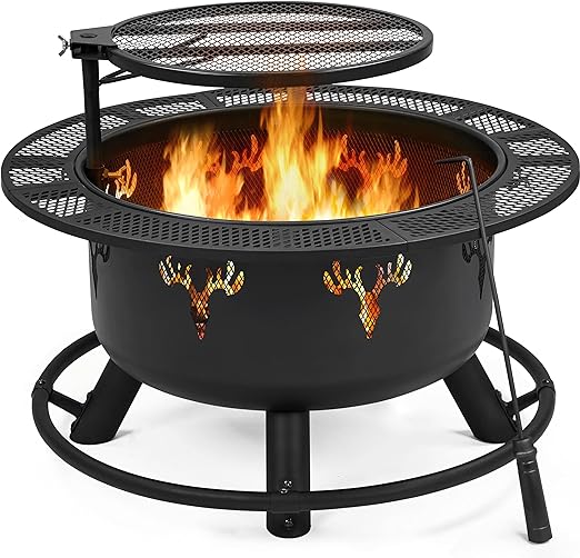 Yaheetech 32in Fire Pit Outdoor Wood Burning Firepits Outdoor Fireplace with 18.5 Inch Swivel Cooking Grill Grate & Poker Fire Bowl for Camping, Backyard, BBQ, Garden, Bonfire