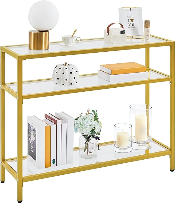 Yaheetech 39.5 Console Table,Tempered Glass Sofa Table with 3 Storage Shelves, Entryway Table with Metal Frame for Hallway Living Room Bedroom, Easy to Assemble, Gold