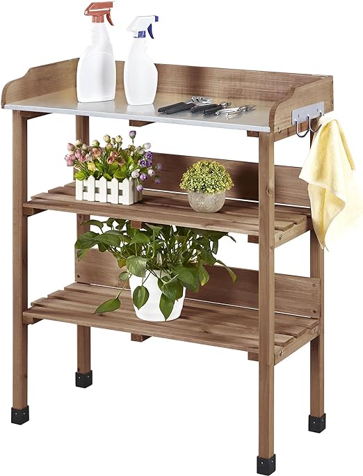 Yaheetech Outdoor Garden Potting Bench Table, Wooden Horticulture Planting Worstation w/Metal Tabletop/Storage Shelf/3 Hooks, Brown