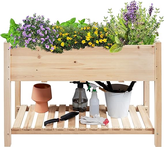 Yaheetech 47x23x32in Wooden Raised Garden Bed with Legs & Storage Shelf Horticulture Wooden Elevated Planter Box Vegetable Growing Bed for Flower/Herb/Backyard/Patio