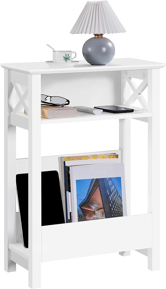 Yaheetech Small Side Table with Storage Shelf, 3-Tier Slim End Table with Magazine Rack, X Shaped Magazine Table for Living Room Home Office Balcony Small Spaces, 20L*10W *28H Inch, White