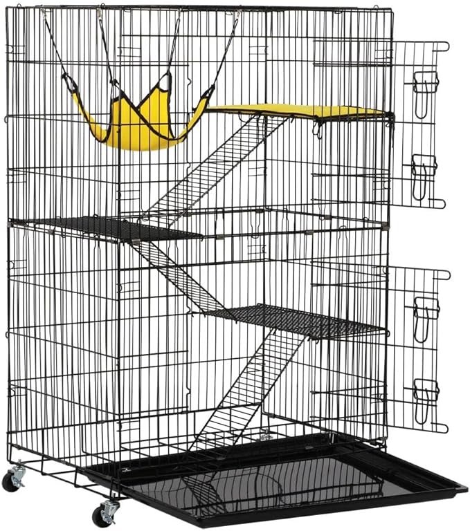 Yaheetech Collapsible 3-Tier Metal Wire Pet Cat Kitten, Larger Heavy Duty Ferret Pet Cage with Brake Casters/Hammock/Bed/Ramp Ladder/Tray, Pet Home Ideal for Small Animals Like Ferret/Chinchilla